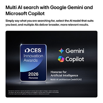 The 2026 CES Innovation Awards Honoree badge in the Artificial Intelligence category recognizes Multi-AI search with Google Gemini and Microsoft Copilot.